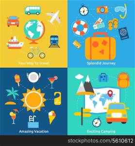 Business concept flat icons set of travel splendid journey amazing vacation and exciting camping infographic design elements vector illustration