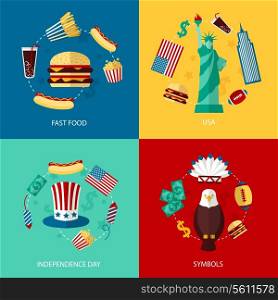Business concept flat icons set of USA landmarks and fast food independence day symbols infographic design elements vector illustration