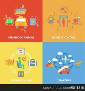 Business concept flat icons set with airport composition set of arriving security control lounge departure infographic design infographic design elements vector illustration