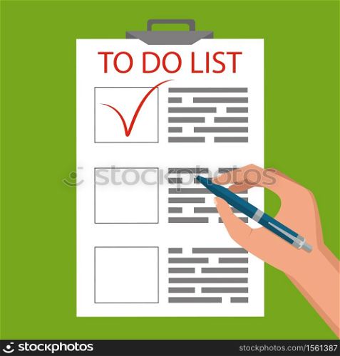 Business concept. Flat vector design. Hands holding a document and pen, marks to do list. . Hands holding a document and pen, marks to do list. Business concept. Flat vector design.