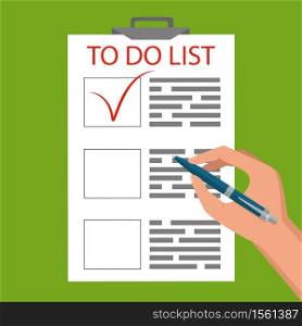 Business concept. Flat vector design. Hands holding a document and pen, marks to do list. . Hands holding a document and pen, marks to do list. Business concept. Flat vector design.
