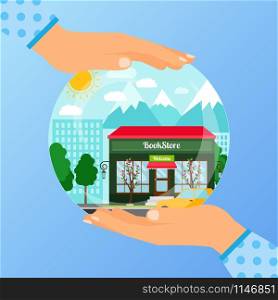Business concept for opening the institution of bookstore. A woman is holding a glass ball with her hands, vector illustration. Business concept for opening bookstore