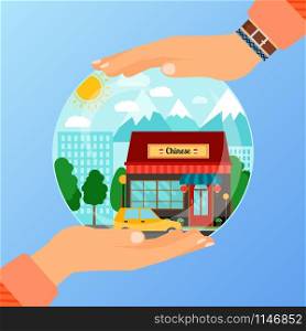 Business concept for opening the institution of chinese restaurant. A woman is holding a glass ball with her hands, vector illustration. Business concept for opening chinese restaurant
