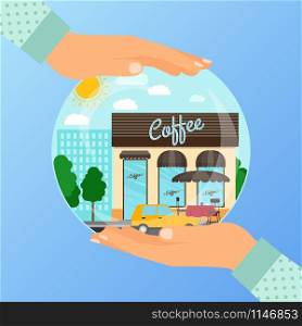 Business concept for opening the institution of coffee. A woman is holding a glass ball with her hands, vector illustration. Business concept for opening coffee cafe