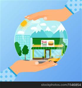 Business concept for opening the institution of fast food. A businessman is holding a glass ball with her hands, vector illustration. Business concept opening fast food restaurant