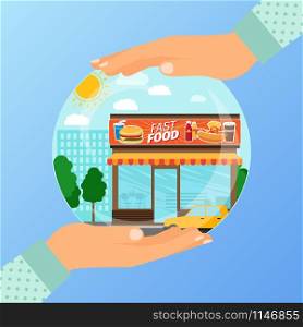 Business concept for opening the institution of fast food. A woman is holding a glass ball with his hands. Business concept for opening the institution of fast food