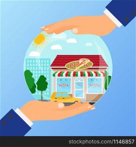 Business concept for opening the institution of pizza restaurant. A businessman is holding a glass ball with his hands, vector illustration. Business concept for opening pizza restaurant