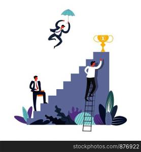 Business concept formal businessman aiming to success vector. Staircase and person flying using umbrella, achievement of people, wearing formal suits with ties. Foliage and leaves plants decoration. Business concept formal businessman aiming to success vector