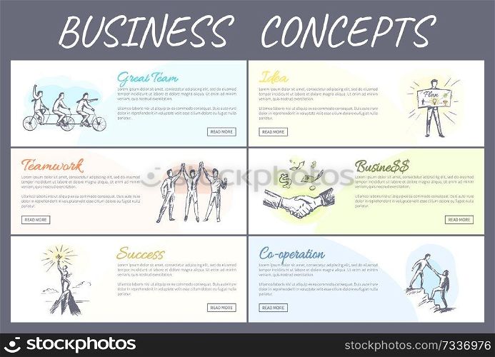 Business concept, great idea success collection web pages, text s&les and buttons, set of banners, vector illustrations collaboration in team building. Business Concept Collection Vector Illustration