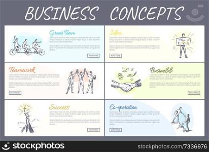 Business concept, great idea success collection web pages, text s&les and buttons, set of banners, vector illustrations collaboration in team building. Business Concept Collection Vector Illustration