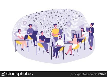Business Concept Hackathon, Programming. Group of clerks or programmers do their job. Teamwork Hackers and Managers in the office. Cartoon Flat Design, Isolated Vector Illustration. Business Concept Hackathon, Programming. Group of clerks or programmers do their job. Teamwork Hackers and Managers in the office.