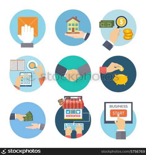 Business concept icons in flat design. Online shopping business start handshake