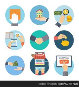 Business concept icons in flat design. Online shopping business start handshake