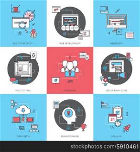Business Concept Icons Set. Business concept line icons set with social marketing web design and cloud data flat isolated vector illustration