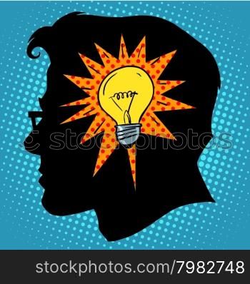 Business concept idea light bulb head pop art retro style. Business concept idea light bulb head