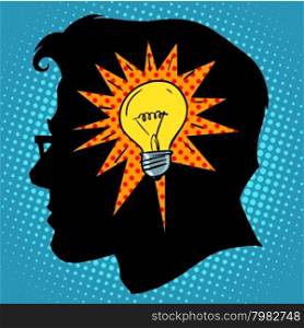 Business concept idea light bulb head pop art retro style. Business concept idea light bulb head