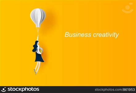 Business concept idea.Woman flying with balloon Hold dollar coin. Symbol of innovation.Start up for success.Girl discover best ideas Graphic design paper cut and art style for card Vector illustration