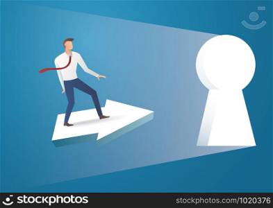 Business concept illustration of a businessman ride arrow icon into keyhole
