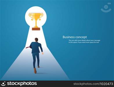 Business concept illustration of a businessman walking into keyhole with bright light