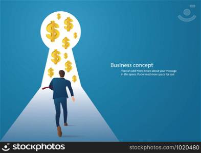 Business concept illustration of a businessman walking into keyhole with dollar icon