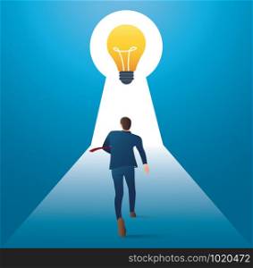 Business concept illustration of a businessman walking to light bulbs in keyhole