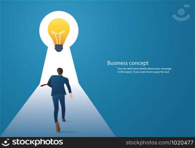 Business concept illustration of a businessman walking to light bulbs in keyhole