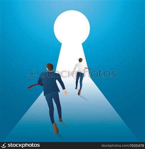 Business concept illustration of two businessman running into keyhole vector