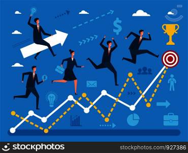 Business concept illustration of various peoples running to big goal. Visualizations of performance steps. Business goal, businessman success run. Business concept illustration of various peoples running to big goal. Visualizations of performance steps