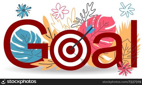 Business concept illustration, Target with an arrow, hit the target, goal achievement against the background of tropical leaves monstera. Business concept illustration, Target with an arrow, hit the target, goal achievement