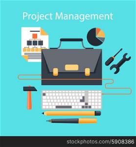 Business concept in flat design of project management with portfolio as LCD monitor of desktop computer, stationery and tools