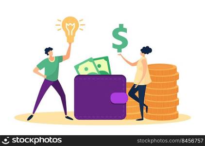 Business concept. Man holding light bulb and woman carrying dollar sign. People having creative idea and money for launching new startup or business. Opportunity, coin stacks and purse vector. Business concept. Man holding light bulb and woman carrying dollar sign. People having creative idea and money