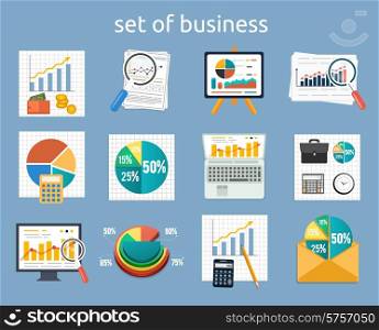 Business concept of analytics. Stand with charts and parameters. Set of various financial service items, business management symbol, marketing items and office equipment