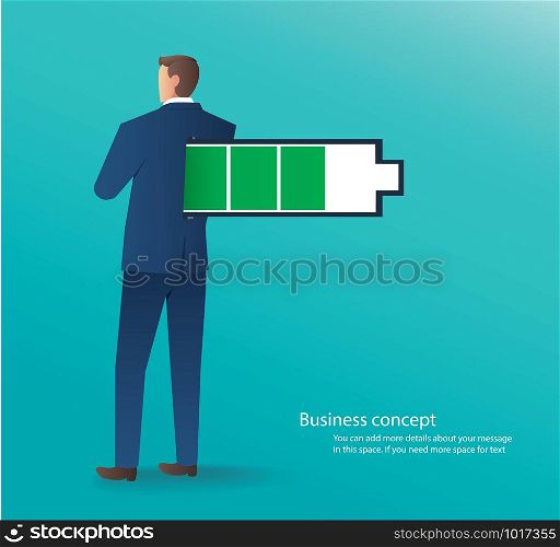business concept of businessman standing with full battery vector illustration