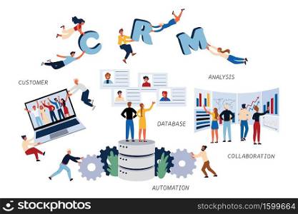 Business Concept of CMR, Customer, Analysis, Database, Collaboration, Automation, Relationship and Management. Team lerks Improve, Optimize customer Service and Work. Cartoon flat Design, Isolated Vector Illustration. Business Concept of CMR, Customer, Analysis, Database, Collaboration, Automation and Management.