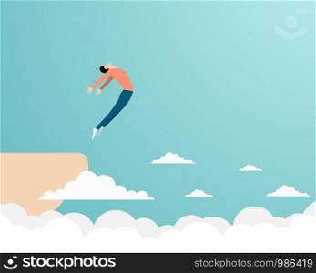 Business concept of courage. Person jumping off a cliff as sign brave leadership. Freedom concept. Emotion of freedom and happiness. Vector illustration flat design