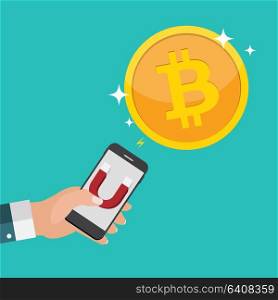 Business concept of hand hold magnet attract bitcoins.Vector Illustration EPS10. Business concept of hand hold magnet attract bitcoins.Vector Illustration
