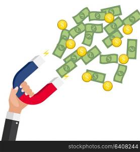 Business concept of hand hold magnet attract money. Vector Illustration EPS10. Business concept of hand hold magnet attract money. Vector Illustration