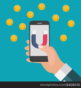 Business concept of hand hold mobile phone with magnet attract bitcoins.Vector Illustration EPS10. Business concept of hand hold mobile phone with magnet attract bitcoins.Vector Illustration