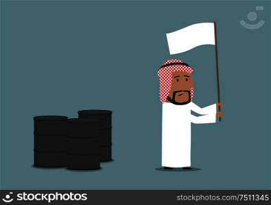 Business concept of oil price downturn, energy and financial crisis. Cartoon arabian businessman waving a white flag in front of oil or fuel tanks. Arabian businessman capitulating with white flag