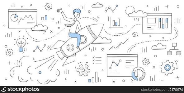 Business concept of startup with successful businessman flying on rocket with doodle smm and data analysis icons around. Leader achieve the goal, create new project, boost Line art vector illustration. Business startup with businessman flying on rocket