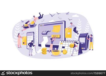 Business Concept Online Payment, Bills. Group of Clerks Improves the Work of Money Transfers. Teamwork of Businessmen at Office. Cartoon Flat Design, Isolated Vector Illustration. Business Concept Online Payment, Bills. Group of Clerks Improves the Work of Money Transfers. Teamwork of Businessmen at Office