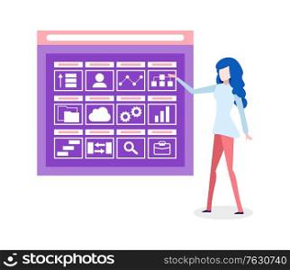 Business concept presentation, woman with screen and icons. Charts and profile of user, gear cogwheels and clouds, infocharts and briefcase. Vector illustration in flat cartoon style. Presentation of Working Achievements , Business