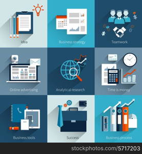 Business concept set with idea strategy teamwork online advertising isolated vector illustration