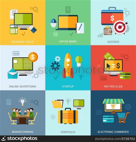 Business concept set with office work success online advertising icons isolated vector illustration