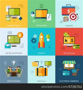 Business concept set with office work success online advertising icons isolated vector illustration