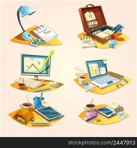 Business concept set with retro cartoon office work icons isolated vector illustration. Business retro cartoon set
