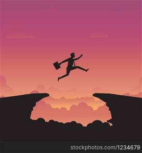 Business Concept, Silhouette businessman jumping cross to cliff, Vision, Ambition, Achievement, Vector flat style