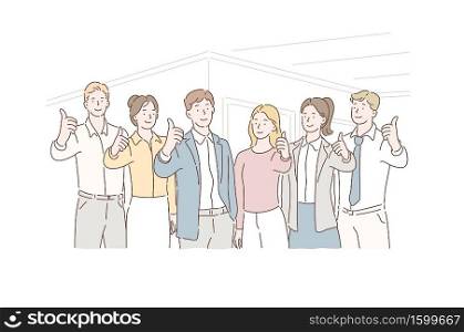 Business Concept Successful Teamwork, partners. Clerks with leaders showing thumbs up looking at camera. Team of competent profisional offer the best service, work, human resources. Cartoon flat Design Isolated Vector illustration. Business Concept Successful Teamwork, Group of partners. Clerks with leaders showing thumbs up looking at camera. Team of competent profisional offer the best service, work, human resources.