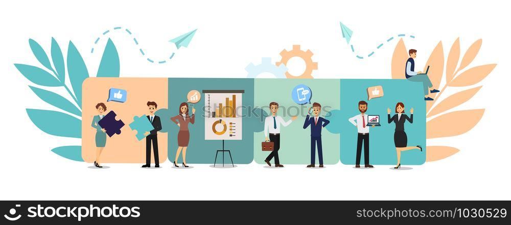 Business concept. Team metaphor. people connecting puzzle elements. Symbol of teamwork, cooperation, partnership. Vector illustration