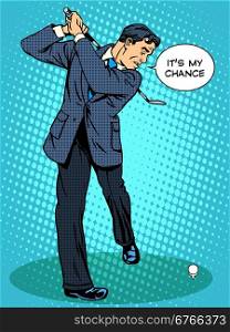 Business concept this is my chance businessman playing Golf retro style pop art. Business concept this is my chance businessman playing Golf